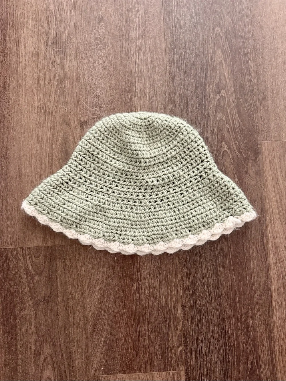 Crochet Bucket Hat in Sage with Cream Trim